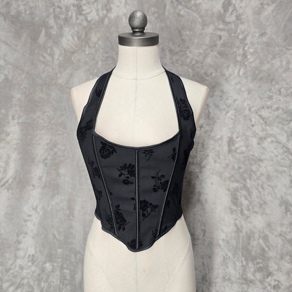 Whimsigoth Corset Halter Top Women M Black Floral Flocked Lace Up Back Victorian